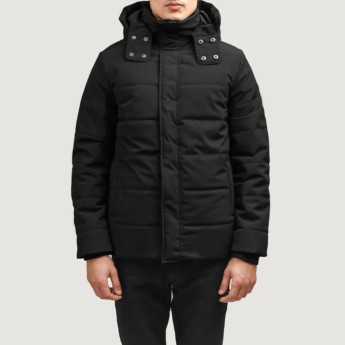 Exton Black Hooded Down Puffer Jacket in Black Full-Grain Leather - Front Profile View &amp; Tailored Silhouette | Buy Online