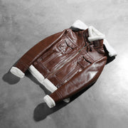 Styled Fit Perspective of Women's Fiona Brown Hooded Shearling Leather Jacket on Model - Natural Daylight Drape
