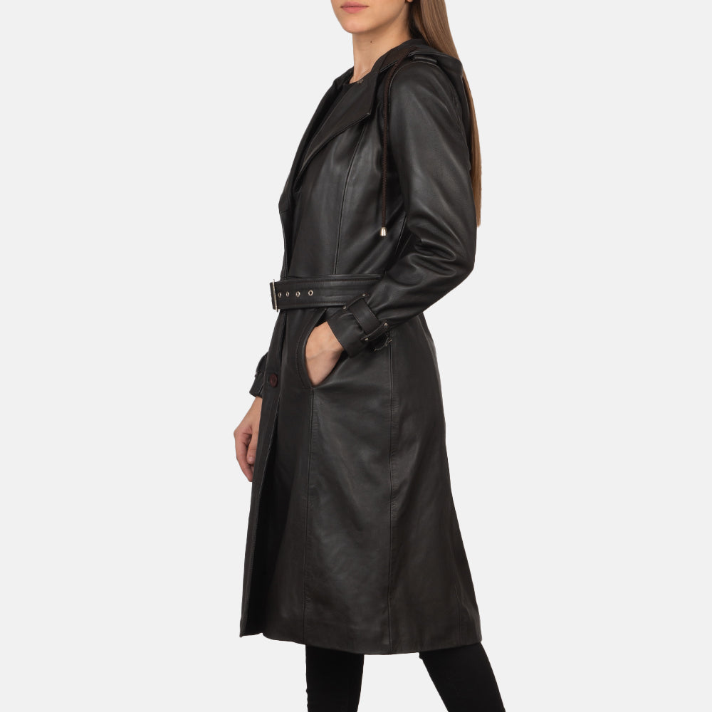 Brown Sheepskin Leather Trench Coat - عرض خلفي يوضح تفصيل الأكتاف المتقن والحاشية النظيفة