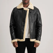 
Francis B-3 Black Leather Bomber Jacket in Black Sheepskin Leather - عرض أمامي وقَصّة مفصلة أنيقة | شراء أونلاين عبر المتجر الرسمي