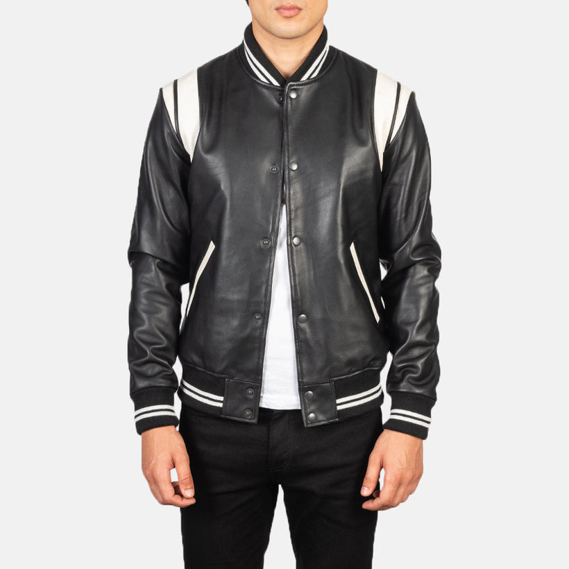 [FS] Dantee أسود Leather Varsity جاكيت جلد رجالي