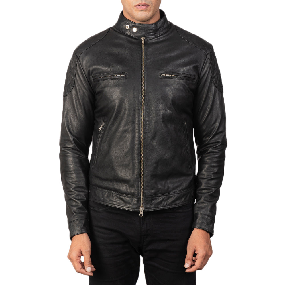 
تفاصيل مقربة of Band with snap buttons & Zipper Hardware on Gatsby Quilted Black Leather Biker Jacket