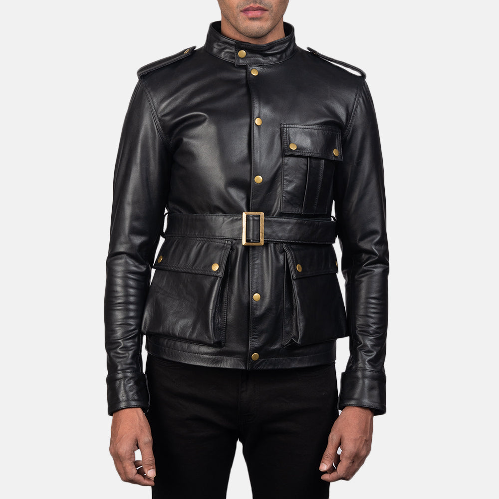 Germain أسود جاكيت جلد رجالي in Black Cowhide Leather - Front Profile View &amp; Tailored Silhouette | Buy Online