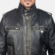Glen Street أسود جاكيت بومبر جلد رجالي - Lateral Side Profile View Showing Sleeve Cut &amp; Athletic Taper Fit