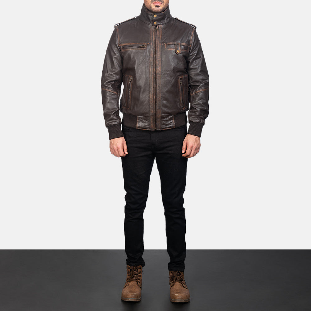 Men's Street Brown Leather Bomber Jacket - Lateral Side Profile View Showing Sleeve Cut &amp; Athletic Taper Fit