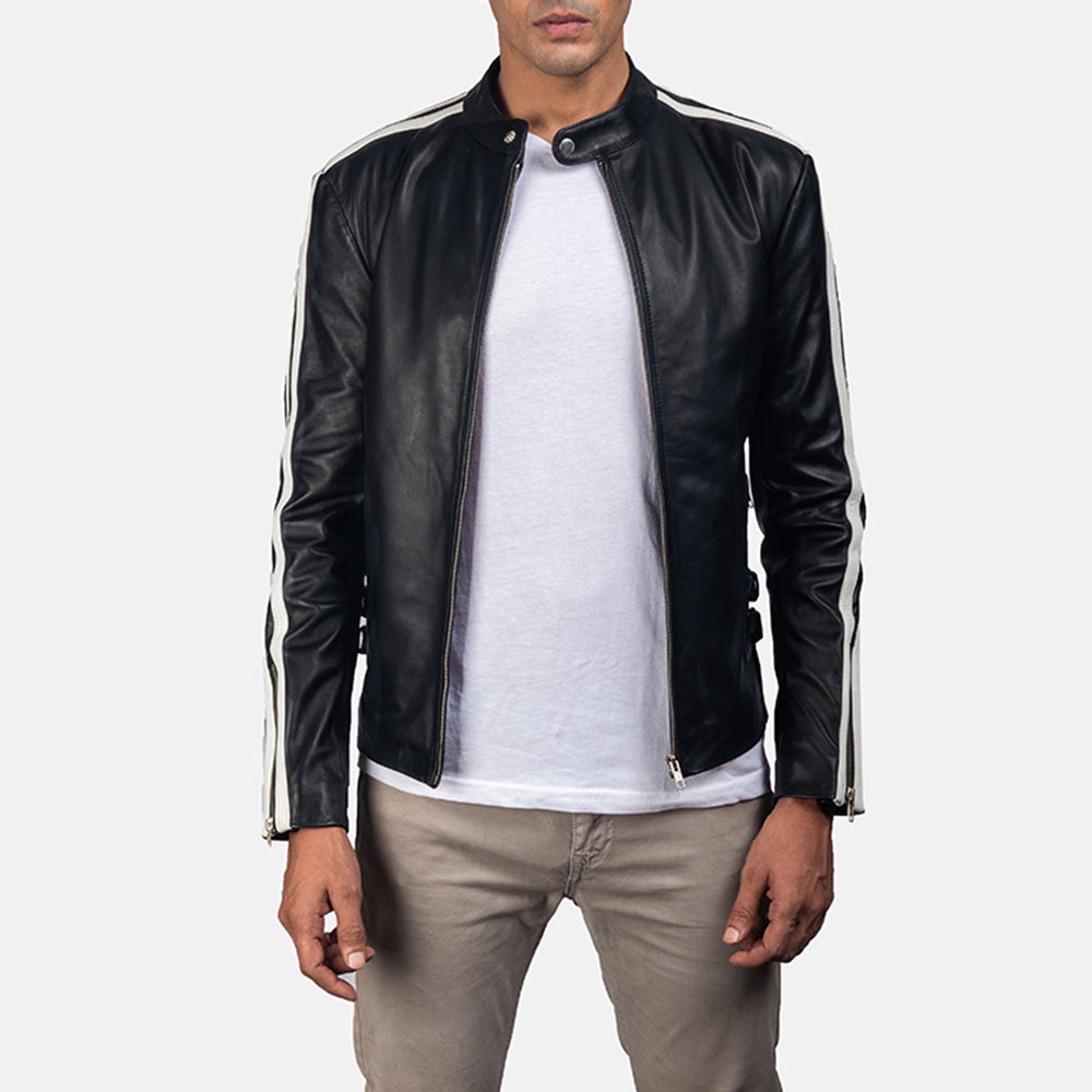 Hank أسود جاكيت بايكر جلد رجالي in Black &amp; White Cowhide Leather - Front Profile View &amp; Tailored Silhouette | Buy Online