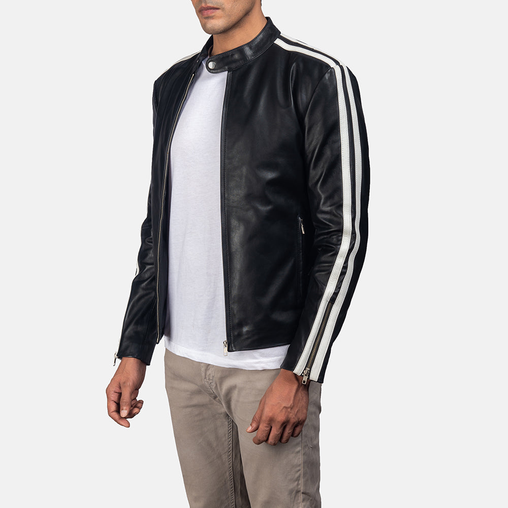 Black &amp; White Cowhide Leather Biker Jacket - Back View Showing Tailored Shoulder Fit &amp; Clean Hemline