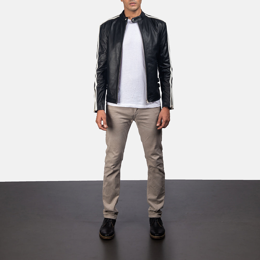 Hank أسود جاكيت بايكر جلد رجالي - Lateral Side Profile View Showing Sleeve Cut &amp; Athletic Taper Fit