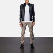 Hank أسود جاكيت بايكر جلد رجالي - Lateral Side Profile View Showing Sleeve Cut &amp; Athletic Taper Fit