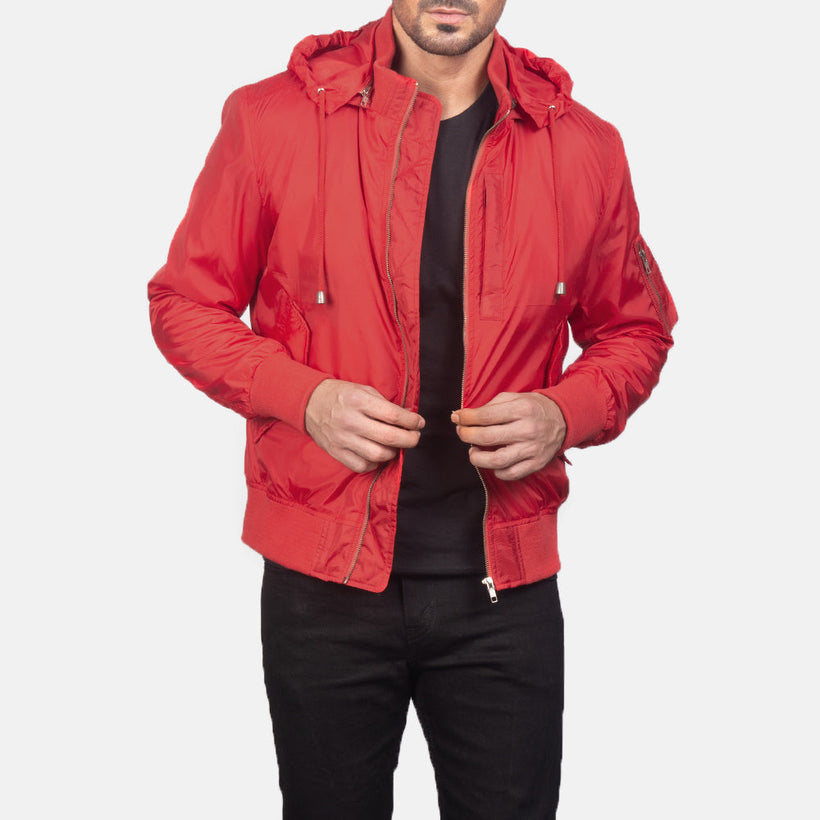 Men's Hanklin Ma-1 Red Hooded Bomber Jacket in Red Nylon - Front Profile View & Tailored Silhouette | Buy Online