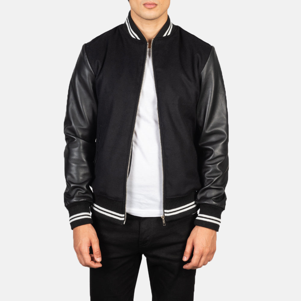 Harrison أسود Hybrid Varsity جاكيت جلد رجالي in Black Sheepskin Leather - Front Profile View &amp; Tailored Silhouette | Buy Online