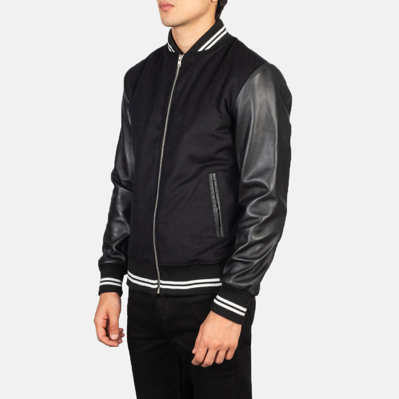 Harrison أسود Hybrid Varsity جاكيت جلد رجالي