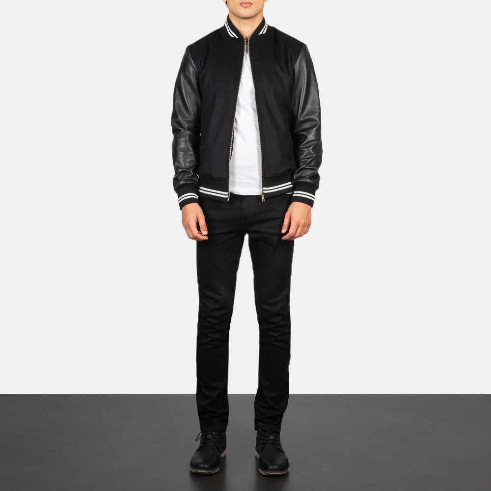 Close-Up Detail of Knit Rib &amp; zipper Hardware on Harrison أسود Hybrid Varsity جاكيت جلد رجالي