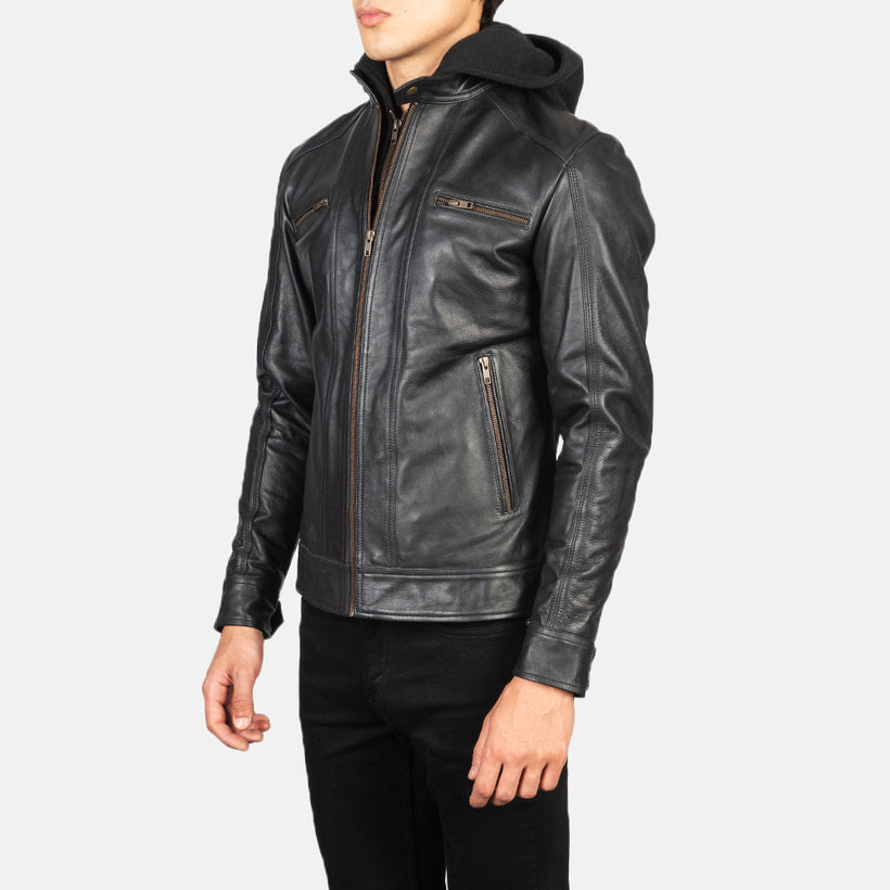 Hector أسود Hooded جاكيت بايكر جلد رجالي