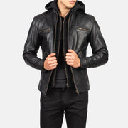 
تفاصيل مقربة of Band with Snap Button & Zipper Hardware on Hector أسود Hooded جاكيت بايكر جلد طبيعي رجالي