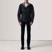 
Grey Goatskin Suede Biker Jacket - عرض خلفي يوضح تفصيل الأكتاف المتقن والحاشية النظيفة