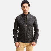 Henry مبطن أسود جاكيت جلد رجالي in Black Sheepskin Leather - Front Profile View &amp; Tailored Silhouette | Buy Online