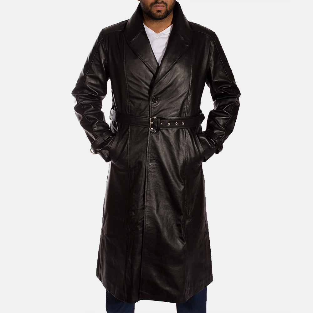 
Hooligan أسود معطف ترنش جلد رجالي in Black Cowhide Leather - عرض أمامي وقَصّة مفصلة أنيقة | شراء أونلاين عبر المتجر الرسمي