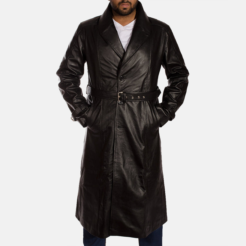 Hooligan أسود معطف ترنش جلد رجالي