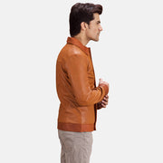 Hubert بيج بني جاكيت جلد رجالي - Lateral Side Profile View Showing Sleeve Cut &amp; Athletic Taper Fit