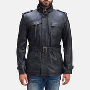 Hunter أسود جاكيت جلد رجالي in Black Sheepskin Leather - Front Profile View &amp; Tailored Silhouette | Buy Online