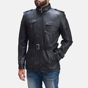 Hunter أسود جاكيت جلد رجالي - Lateral Side Profile View Showing Sleeve Cut &amp; Athletic Taper Fit