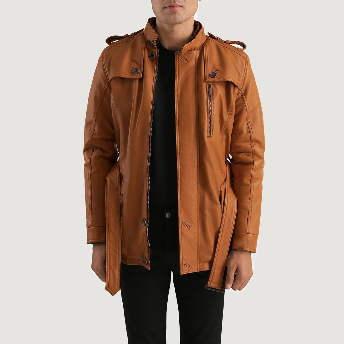 Hunter بيج بني Fur جاكيت جلد رجالي in Tan Brown Sheepskin Leather - Front Profile View &amp; Tailored Silhouette | Buy Online