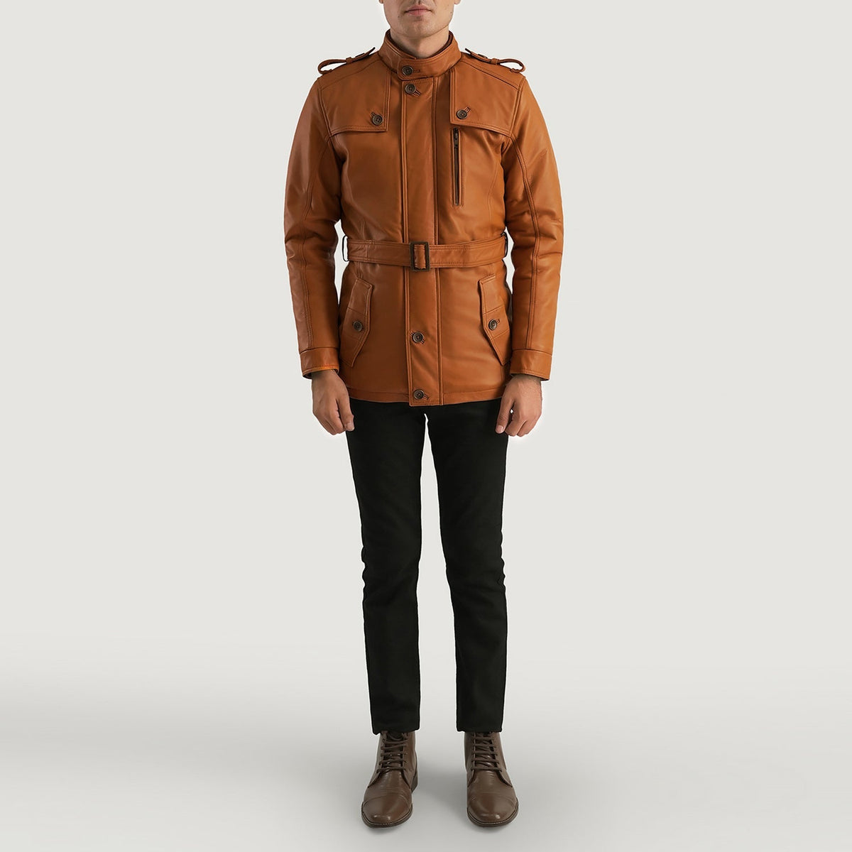 Hunter بيج بني Fur جاكيت جلد رجالي - Lateral Side Profile View Showing Sleeve Cut &amp; Athletic Taper Fit