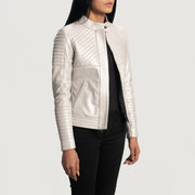 
Silver Sheepskin Leather Biker Jacket - عرض خلفي يوضح تفصيل الأكتاف المتقن والحاشية النظيفة