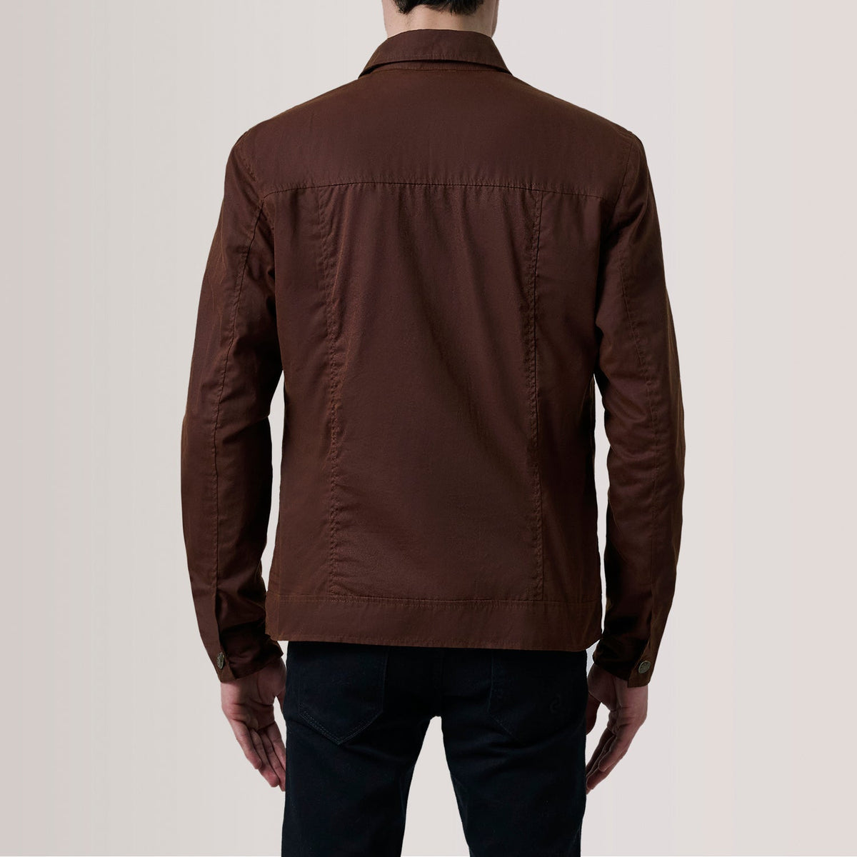 Close-Up Detail of Classic Collar & Button Hardware on Irwin Brown Waxed Canvas Field Jacket For Men