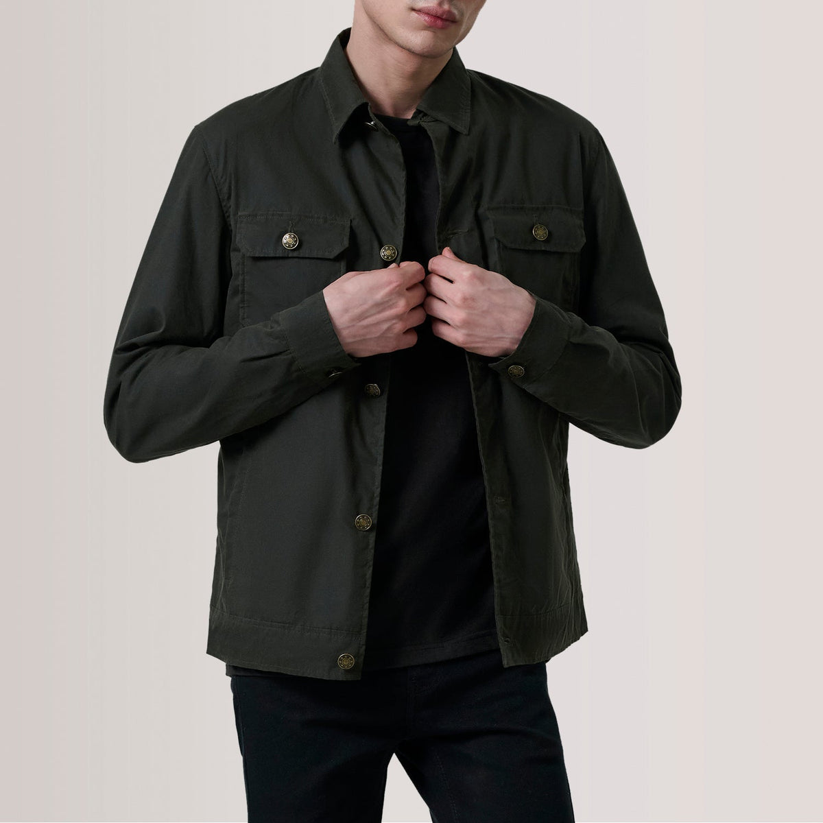 Irwin Olive Waxed Canvas Field جاكيت جلد رجالي For Men in Olive Waxed Cotton Canvas - Front Profile View &amp; Tailored Silhouette | Buy Online