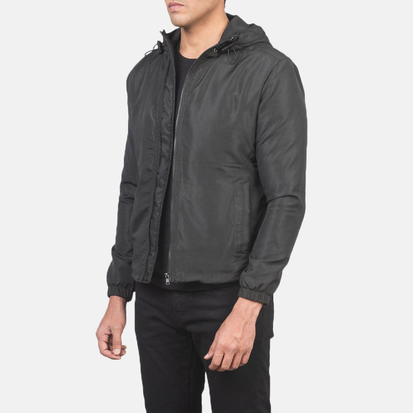 Jimmy أسود Hooded Windbreaker جاكيت جلد رجالي
