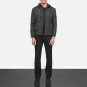 
Jimmy أسود Hooded Windbreaker جاكيت جلد رجالي - عرض جانبي يوضح قَصّة الأكمام المريحة