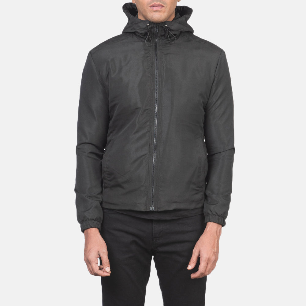 تفاصيل مقربة of High Neck with Hood & Zipper with wind flap Hardware on Jimmy Black Hooded Windbreaker Jacket