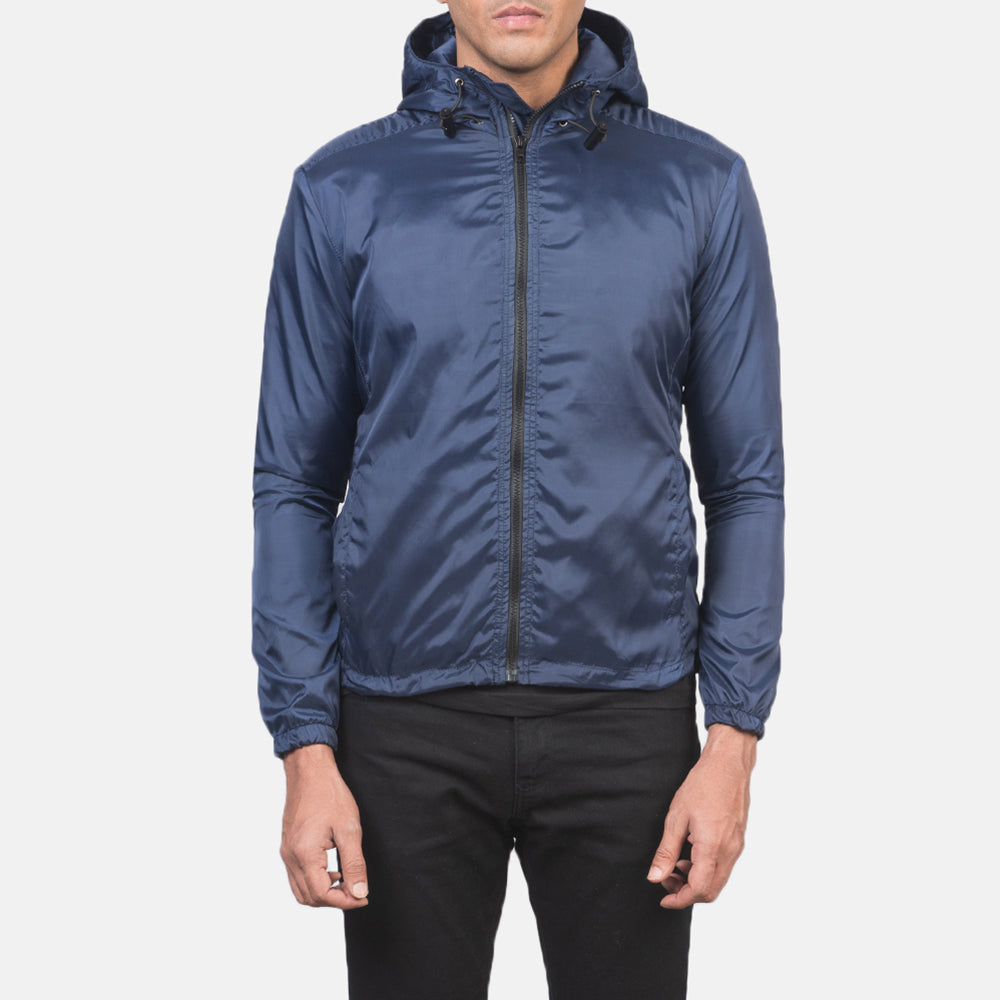 Men's Jimmy أزرق Hooded Windbreaker جاكيت جلد رجالي in Blue Nylon - Front Profile View &amp; Tailored Silhouette | Buy Online