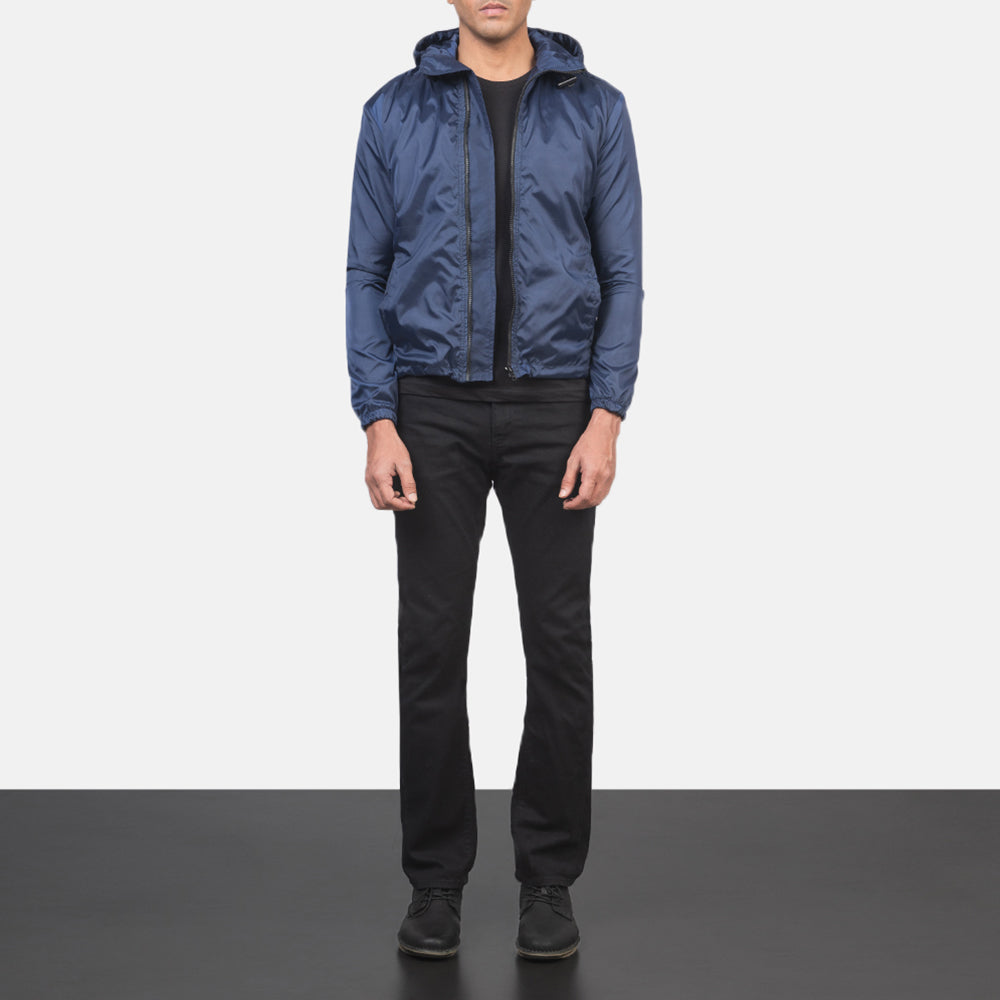 Men's Jimmy أزرق Hooded Windbreaker جاكيت جلد رجالي - Lateral Side Profile View Showing Sleeve Cut &amp; Athletic Taper Fit