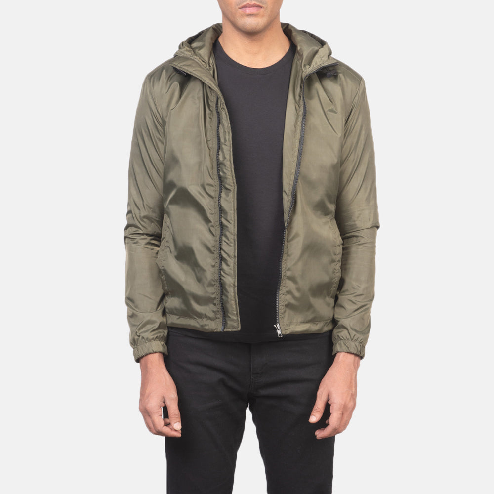 Men's Jimmy أخضر Hooded Windbreaker جاكيت جلد رجالي in Green Nylon - Front Profile View &amp; Tailored Silhouette | Buy Online