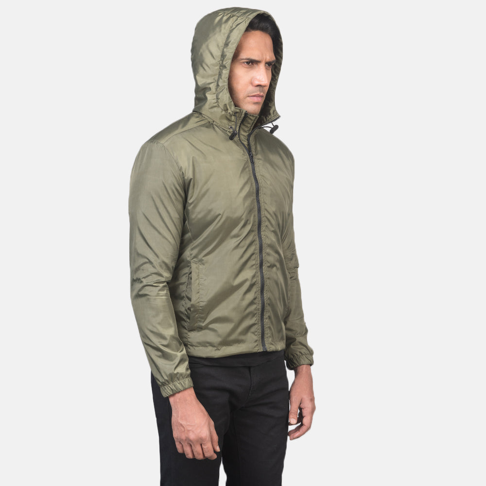 Green Nylon Hooded Jacket - عرض خلفي يوضح تفصيل الأكتاف المتقن والحاشية النظيفة