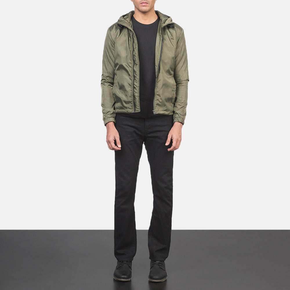 Men's Jimmy أخضر Hooded Windbreaker جاكيت جلد رجالي - Lateral Side Profile View Showing Sleeve Cut &amp; Athletic Taper Fit
