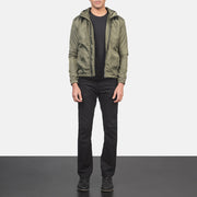 Men's Jimmy أخضر Hooded Windbreaker جاكيت جلد رجالي - Lateral Side Profile View Showing Sleeve Cut &amp; Athletic Taper Fit