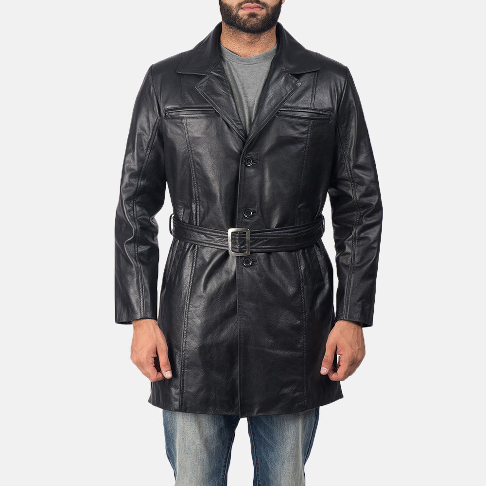 Men's Jordan أسود معطف جلد رجالي in Black Cowhide Leather - Front Profile View &amp; Tailored Silhouette | Buy Online