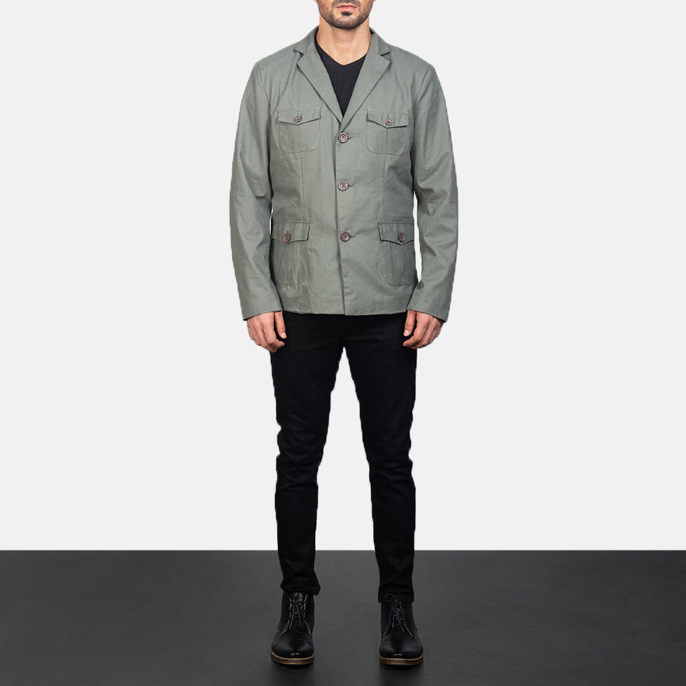 Kajetan Grey Safari جاكيت جلد رجالي - Lateral Side Profile View Showing Sleeve Cut &amp; Athletic Taper Fit