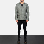 Kajetan Grey Safari جاكيت جلد رجالي - Lateral Side Profile View Showing Sleeve Cut &amp; Athletic Taper Fit