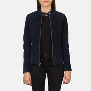 
Kelsee Navy Blue Suede Biker Jacket in Navy Blue Goatskin Suede - عرض أمامي وقَصّة مفصلة أنيقة | شراء أونلاين عبر المتجر الرسمي