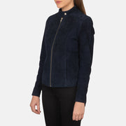 
Navy Blue Goatskin Suede Biker Jacket - عرض خلفي يوضح تفصيل الأكتاف المتقن والحاشية النظيفة