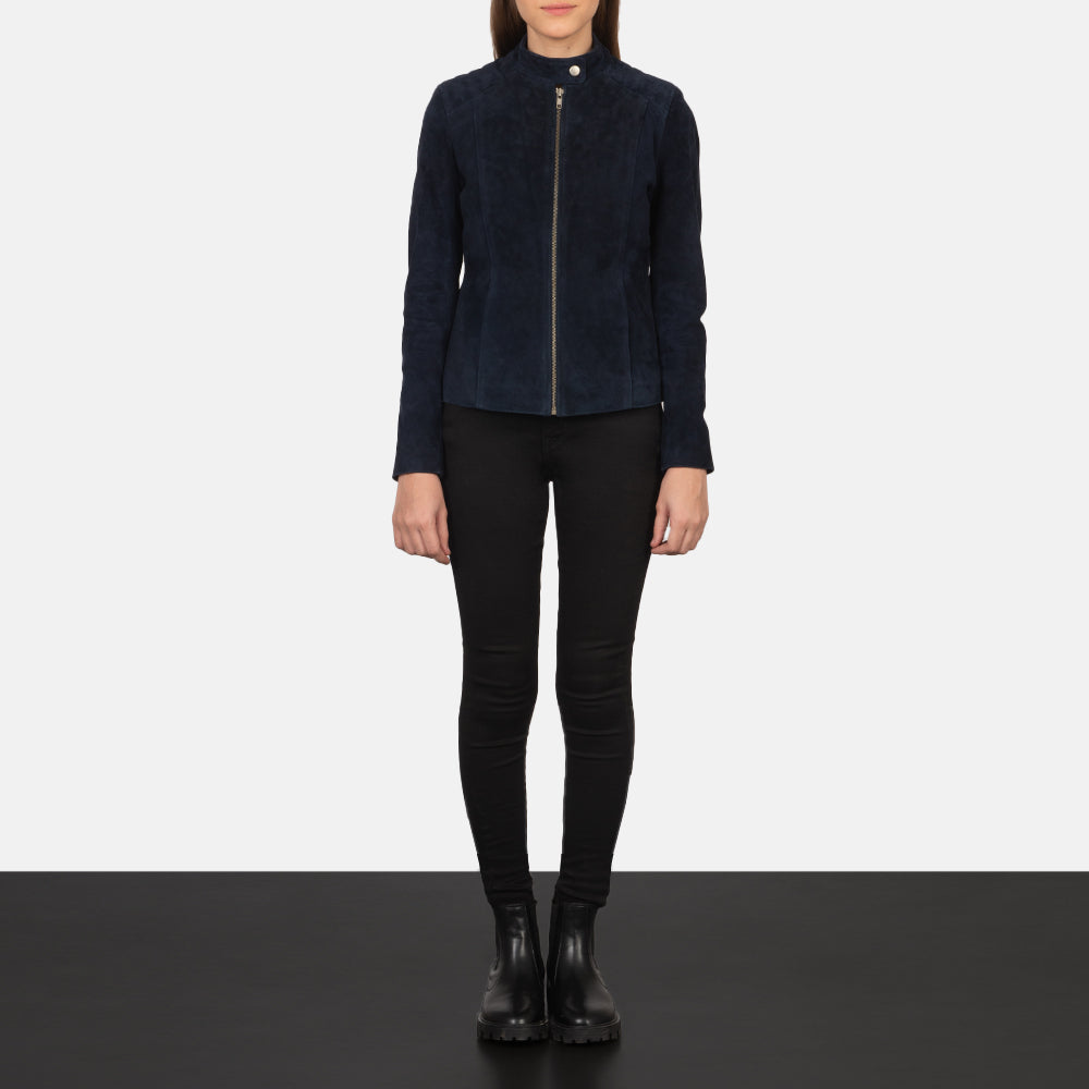 
Kelsee Navy Blue Suede Biker Jacket - عرض جانبي يوضح قَصّة الأكمام المريحة