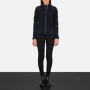 
Kelsee Navy Blue Suede Biker Jacket - عرض جانبي يوضح قَصّة الأكمام المريحة