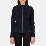 
تفاصيل مقربة للرقبة بزر ضغط والسحابات في Kelsee Navy Blue Suede Biker Jacket