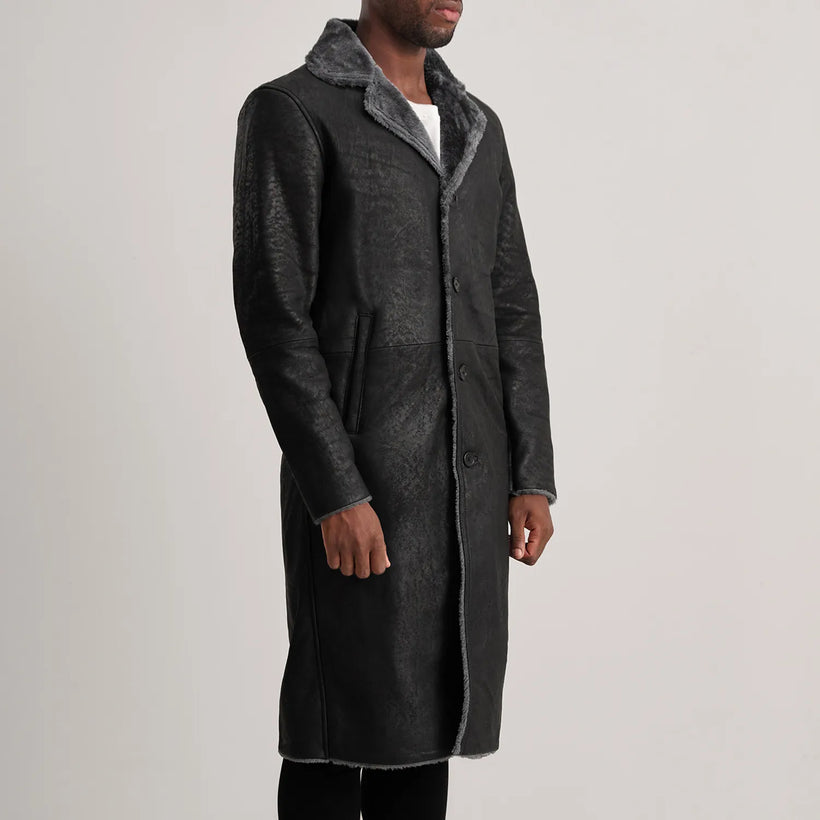 Kolby Distressed أسود Leather Shearling معطف جلد فاخر رجالي