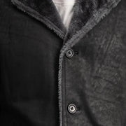 
تفاصيل مقربة of Notch & Button Hardware on Kolby Distressed Black Shearling Long Coat